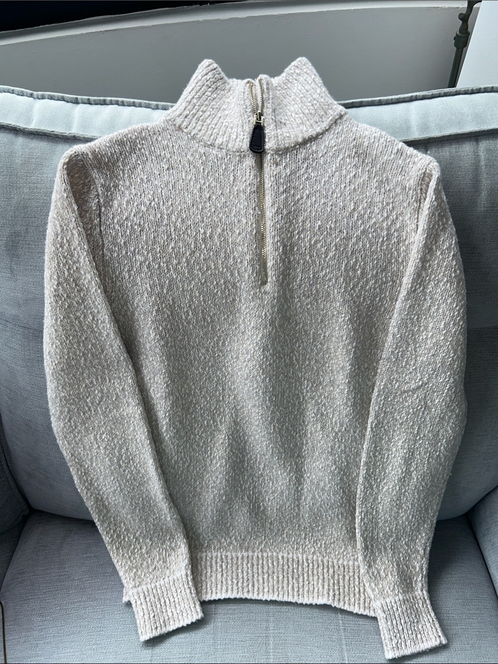 Reiss Cream Half-Zip Textured Knit Sweater Gold Zipper w/ Brown leather